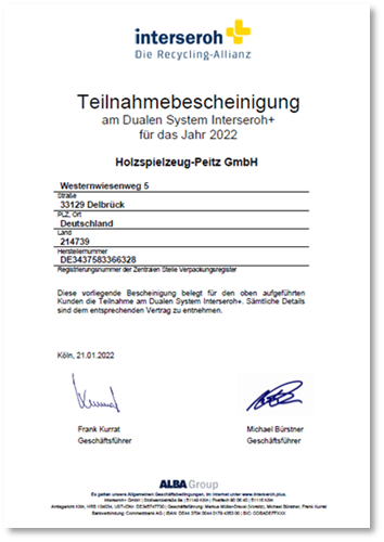Teilnahmebescheinigung von Interseroh. Wir verpflichten uns, auch 2022 unsere Verpackungen zu recyceln.